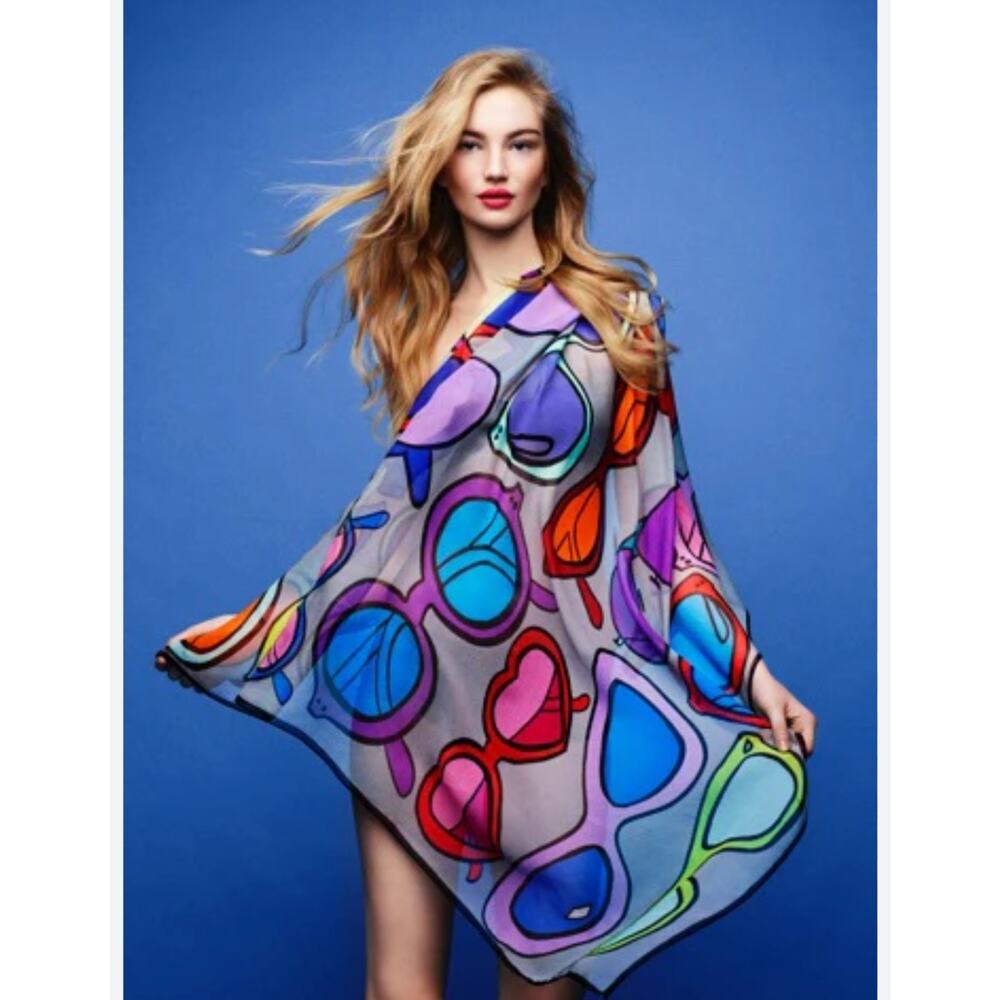 Anna Coroneo Silk Chiffon Colorful Sunnies Print Scarf Turquoise